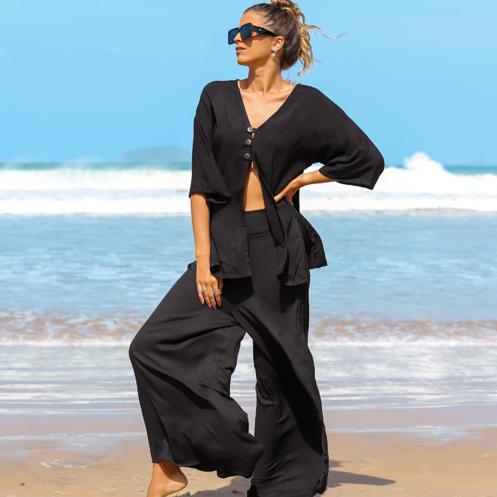 Black Boho Breeze Wide-Leg Pants