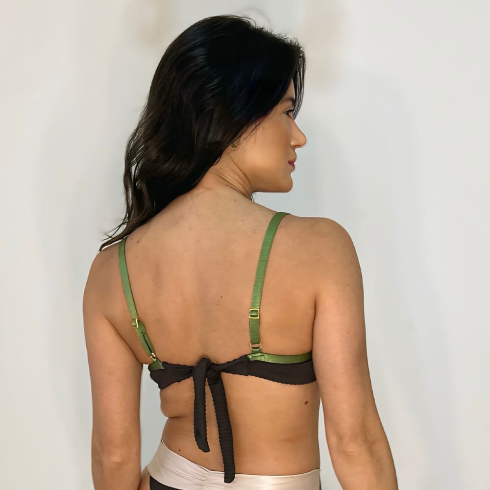 Textured Olive/Off-White and Brown Demi Cup Bikini Top